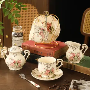 European Vintage Floral Porcelain Tea Cups and Saucers Set, Ivory Color with Gold Trim, 8oz Coffee Cups with Sugar Pot & Milk Pot, Teacup, Drinkware