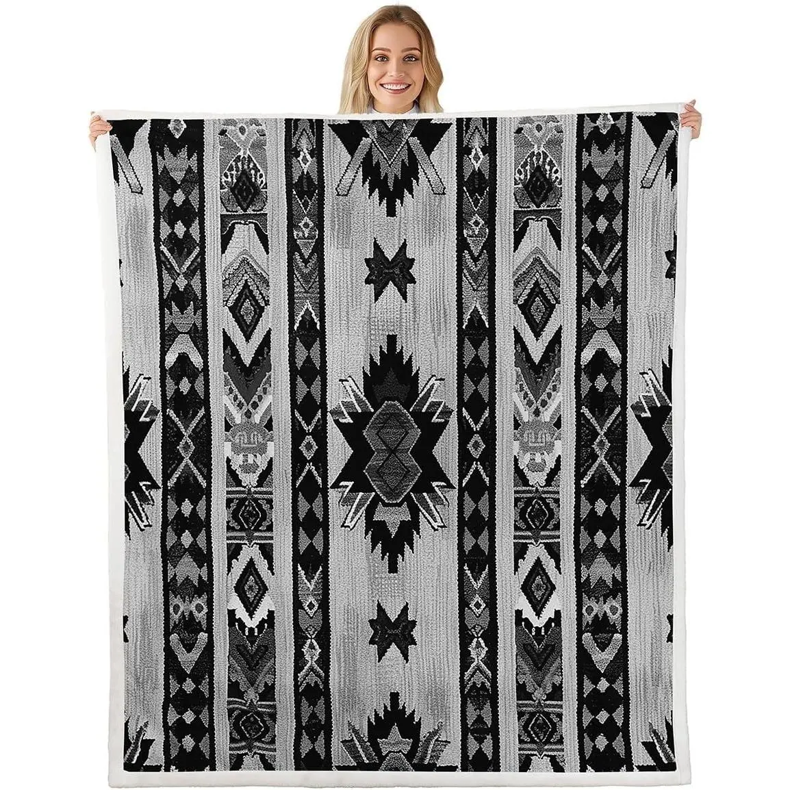 Grey Southwestern Sherpa Blanket Geometric Fleece Throw Blanket Bed Sofa Couch Tribal Style Native American Indian Design Plush Blanket Stripe Line Fuzzy Blanket