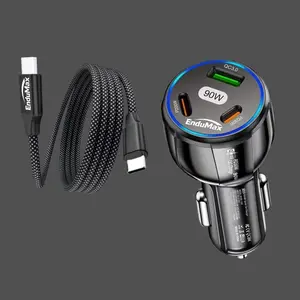 Car Charger 90W Fast Charging With Nylon Braided Cable Type-C, Built-In Chip To Protect Your Devices,  3-port Car Phone Charger, Quick Phone Charger,