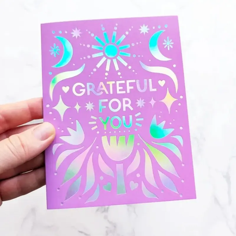 1PC Holographic Thank You Card, Moon & Star Celestial Design with Floral Folk Art, Ideal for Friends and Family Gratitude