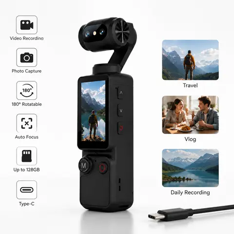 Portable Pocket Digital Camera with 180° Rotating Lens, 1.9" LCD Screen, Type-C Charging, Built-in Microphone for Daily Recording, Travel & Family Moments