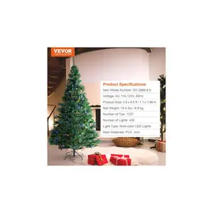 VEVOR Christmas Tree, 6.5ft Prelit Artificial Xmas Tree, Full Holiday Decor Tree with 450 Multi-Color LED Lights, 1227 Branch Tips, Metal Base for Home Party Office Decoration Tested to UL Standards