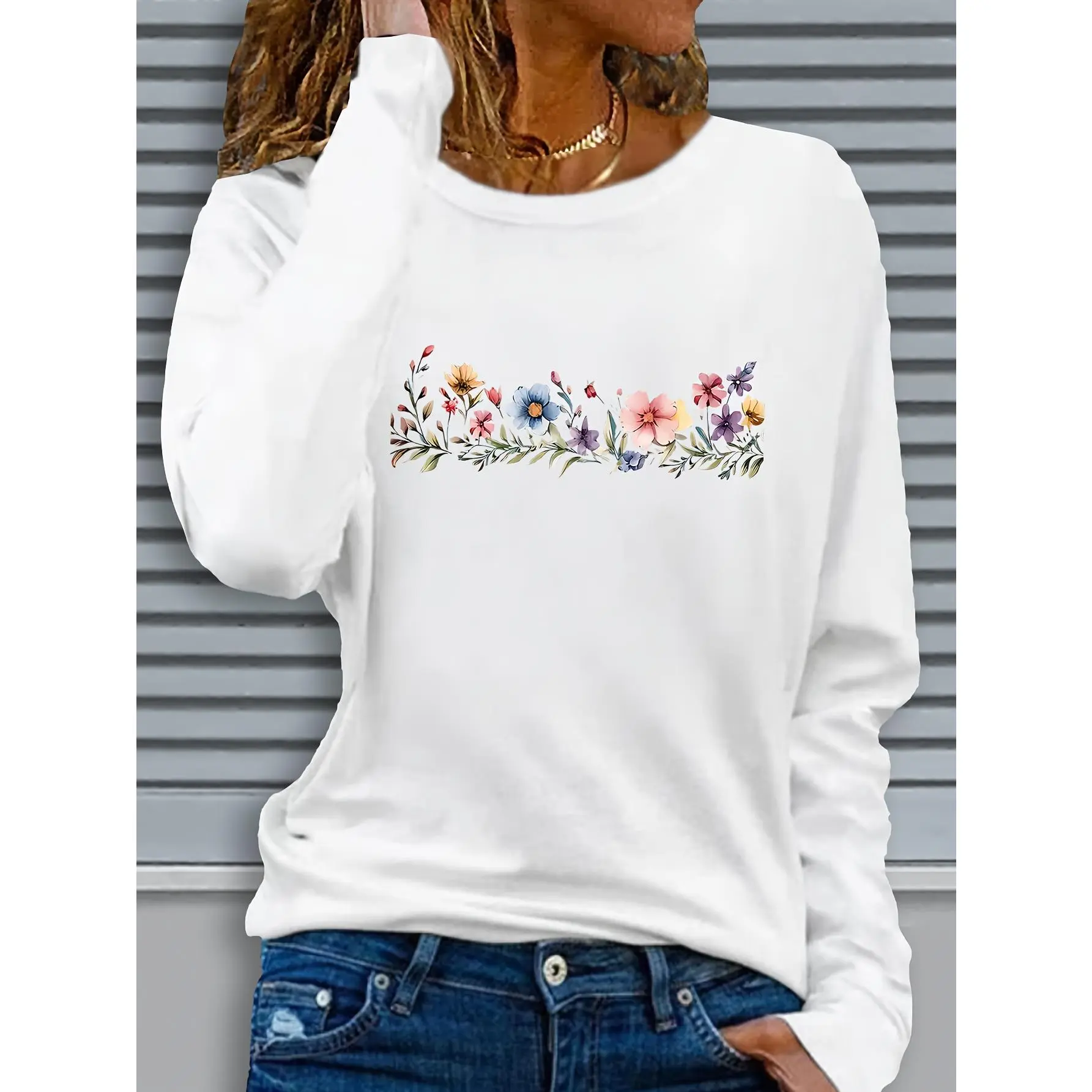 Women's Printed Long-Sleeve T-Shirt - Beige with Soft & Colorful Floral Design, Comfortable Crew Neck Casual Top, Machine-Washable Layering Piece for Autumn & Winter Daily Wear