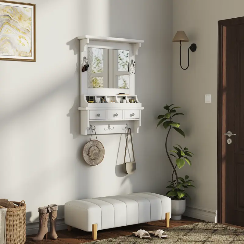 White Wood Floating Makeup Vanity with Large Mirror, Wall-Mounted Storage Cabinet with Multiple Drawers, Pockets & Hooks, Space-Saving Organizer for Small Spaces, Entryway & Living Room