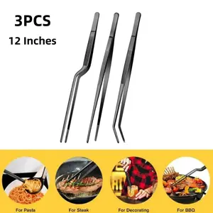 3Pcs 12 inch Fine Long Tweezer Tongs Set, Stainless Steel Food Tongs Black Long Chef Tweezer for Kitchen, Food, Cooking, Repairing, Sea food and BBQ, Car Interior Accessories Utensils Reusable