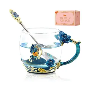 Tea Cup Gifts for Mom Birthday Gift for Women Glass Coffee Enamels Mug with Butterfly Sky Blue Flower Unique Valentines Mothers Day Christmas gifts For Women Mom Wife Sister Coworker Female Friend Christmas gift