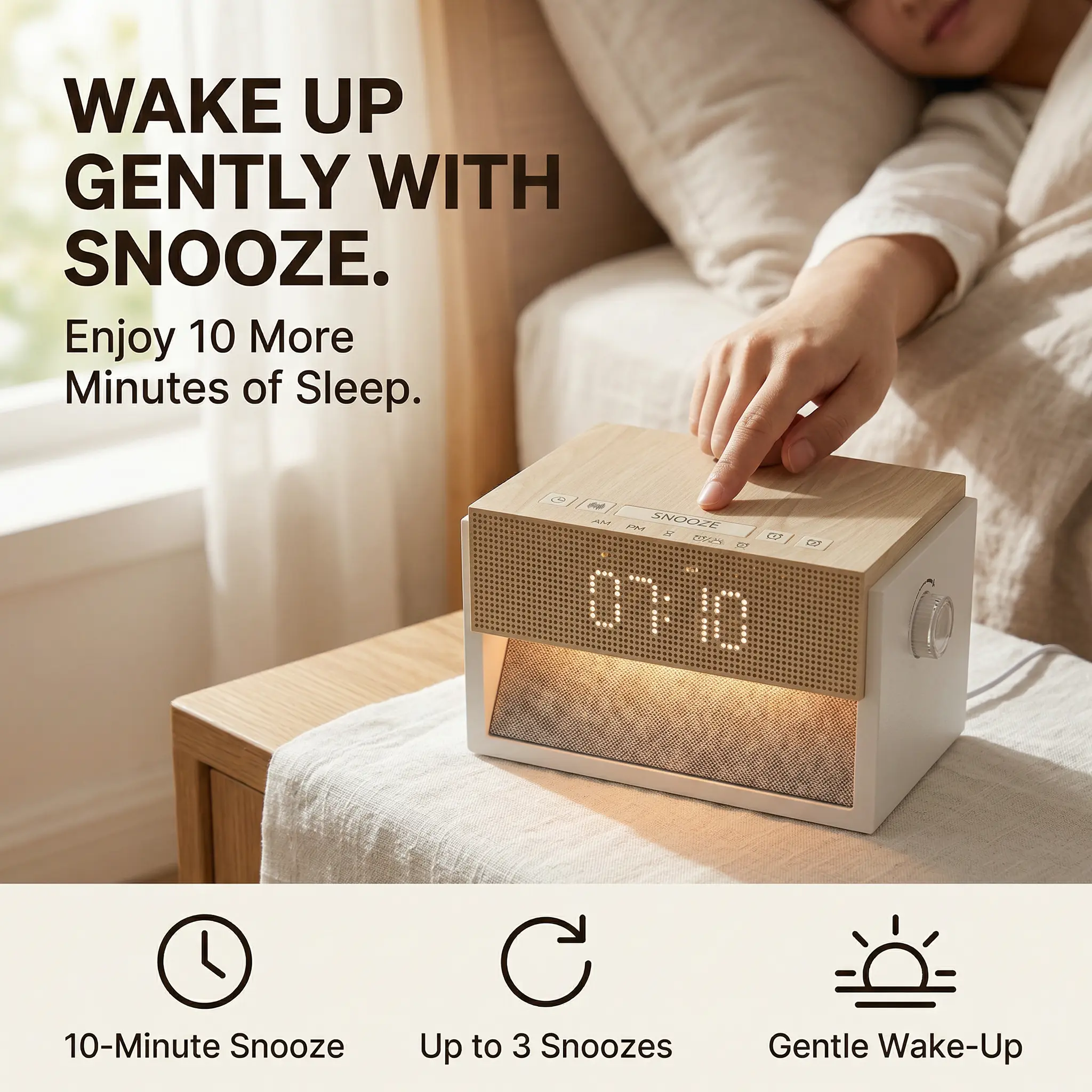 White Noise Alarm Clock with Wireless Charging, 20 Sleep Sounds, Dual Alarms, Snooze & Dimmable Display with Rotary Brightness Control