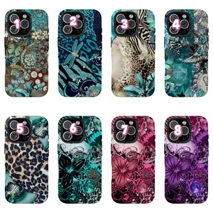 Vintage Teal Leopard Print Aesthetic PhoneCase Leopard Zebra Butterfly Vintage CollageArt Phone Case, Boho Patchwork Tough CaseCollection, Suitable for iPhone 17-11 ProMax/Plus