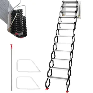 VEVOR Attic Steps Pull Down 12 Steps Attic Stairs Alloy Attic Access Ladder, Black Pulldown Attic Stairs, Wall-mounted Folding Stairs for Attic, Retractable Attic Ladder with Armrests, 9.8 feet Height