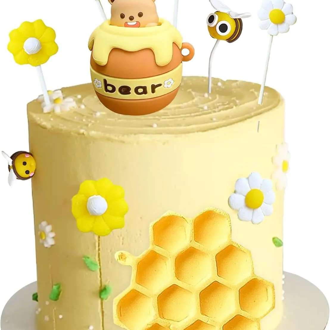 Floral Bee Cake Decorations Set, Honey Bear Ornaments, Honey Comb Ornaments, Daisy Flower Cupcake Toppers for Baby Shower, Birthday Party Supplies