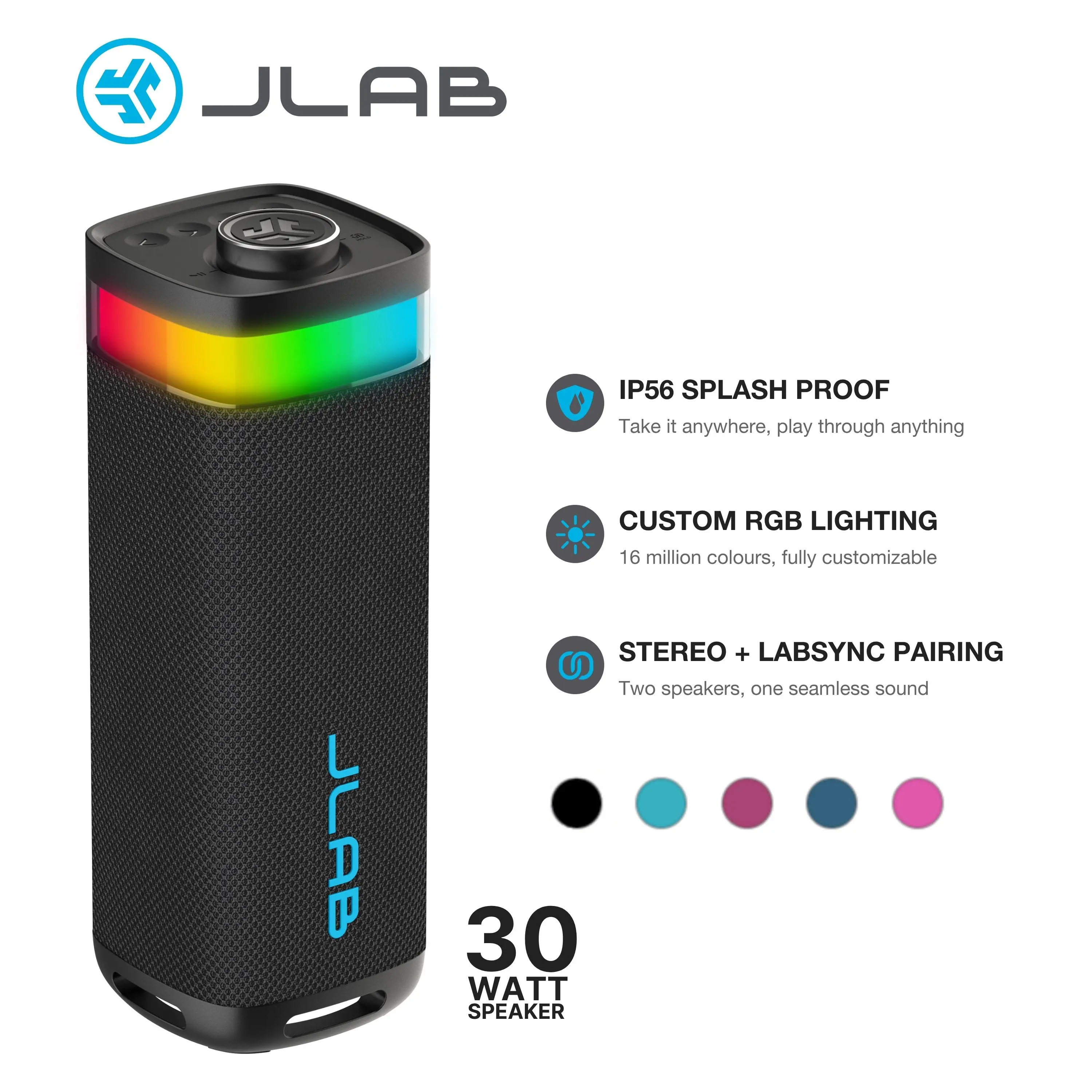 JLab JBuds Party Portable Bluetooth Speaker 30W 12H Playtime RGB Lighting IP56 Waterproof Stereo Pairing LabSync Up to 100 Speakers, USB-C