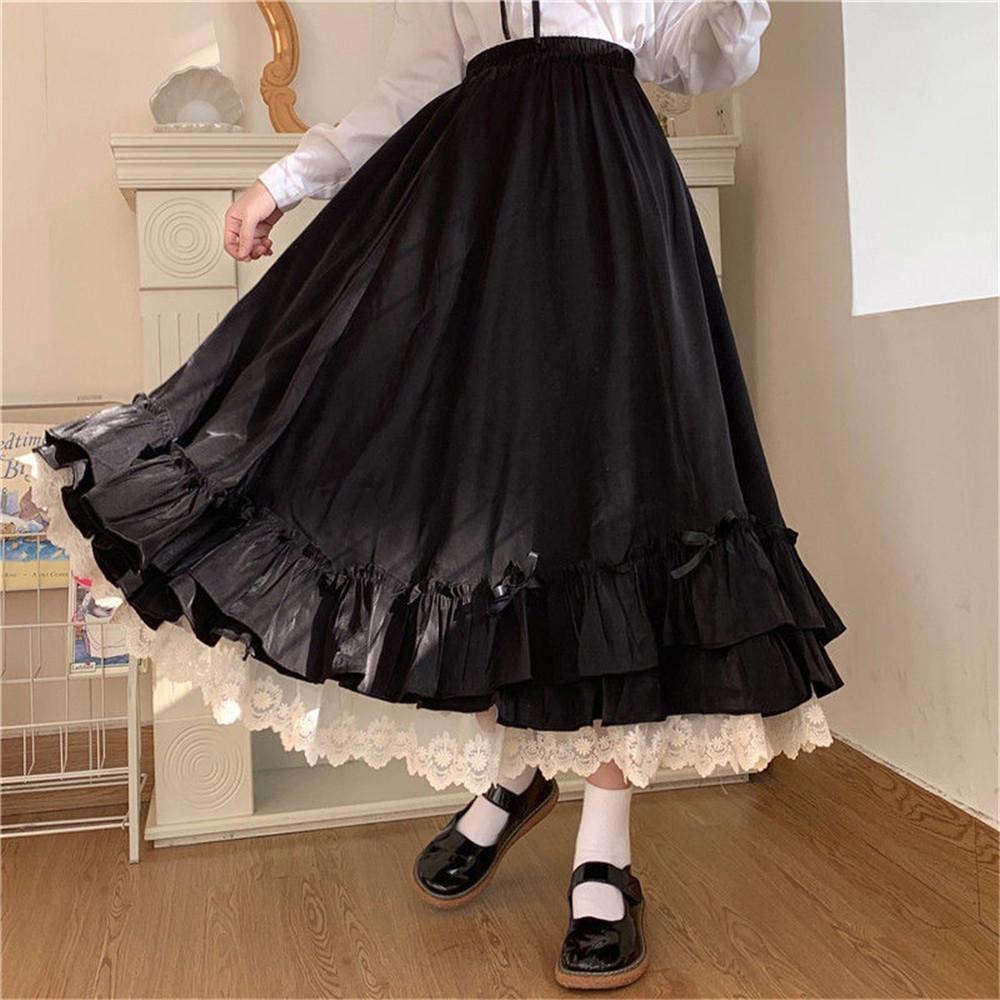 Solid Color Double Layer Vintage French Ruffled A-Line Pleated Skirt
