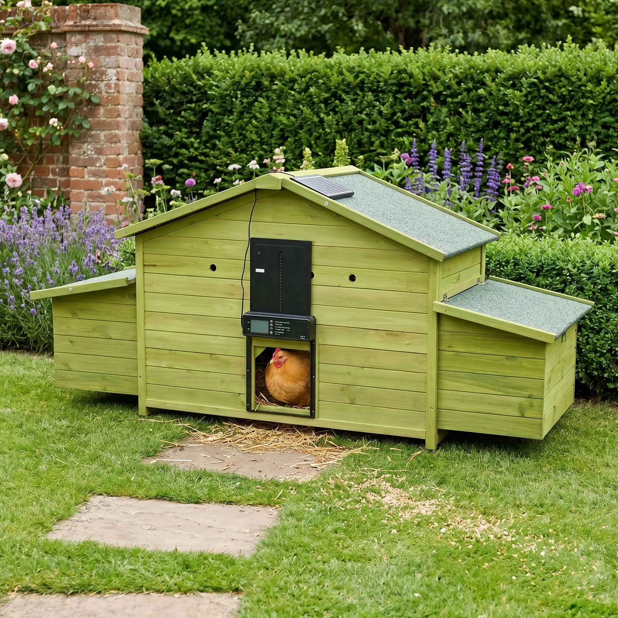 70" Automatic Chicken Coop with Solar-Powered Door, Weatherproof Design, Ventilated, with 2 Nesting Boxes, Timer & Light Sensor – Outdoor Chicken House with Pull-Out Tray and a remote.