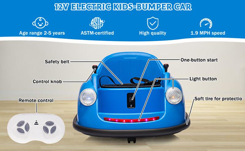 【GARVEE】Ride On Electric Bumper Car for Toddlers and Youngsters, 12V Battery Powered with Parent Remote Control, LED Lights, 2-Speed Modes, 360° Spin Feature, ASTM Certified for Safety