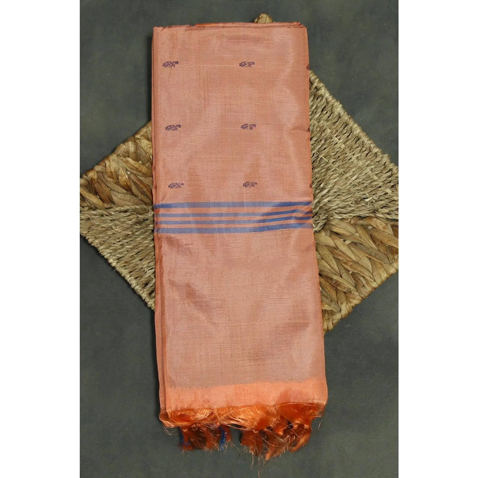 Women's Handwoven Peach Orange Vaazhai Naar (Banana Pith) Saree - 5.5m, Blue Pallu, Small Butta Motifs, Fringed Tassel Ends, Traditional Texture, Borderless Weave, Ethnic Costumes & Accessories, Gentle Care Advised