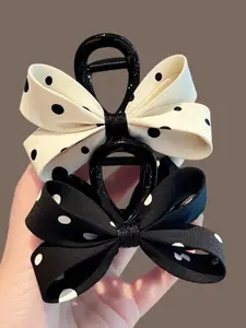 2pcs French Polka Dot Bow Hair Clips for Women, Medium Size Shark Clip, Elegant Fabric Bow Hair Accessory, Stylish Back Bun Holder