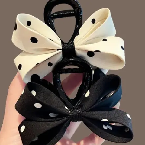 2pcs French Polka Dot Bow Hair Clips for Women, Medium Size Shark Clip, Elegant Fabric Bow Hair Accessory, Fashion Hair Accessories, Stylish Back Bun Holder, Hair Clip Set