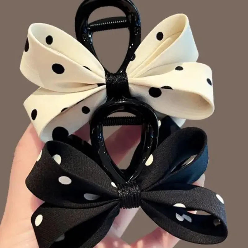 2pcs French Polka Dot Bow Hair Clips for Women, Medium Size Shark Clip, Elegant Fabric Bow Hair Accessory, Fashion Hair Accessories, Stylish Back Bun Holder, Hair Clip Set
