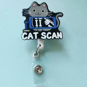 A medical pun-themed badge retractable buckle, the main pattern is a cartoon cat for hanging badges, the style is cute and can convey a positive and encouraging atmosphere, Retractable Badge Holder
