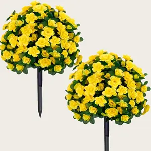 A Set Artificial Azalea Bouquets with Ground Spikes, Featuring Green Leaves And Yellow Flowers - Made of High-Quality Plastic Suitable for Indoor And Outdoor Use, Perfect for Decorating on Valentine'S Day, Easter