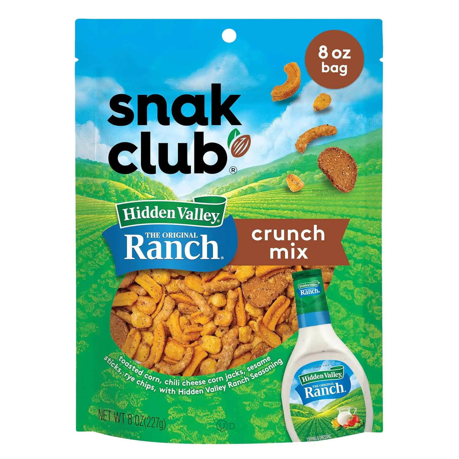 Snak Club Crunchy Crunch Mix - Hidden Valley Ranch Seasoning, Toasted Corn, Chili Cheese Corn Jacks, Sesame Sticks, Rye Chips - Kosher 8 oz Resealable Snack Bag
