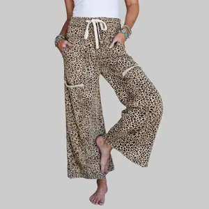 Women's Leopard Print Wide Leg Pants - Elastic Waist Drawstring Casual Trousers with Pockets, 95% Polyester 5% Elastane Fabric, All-Seasons Statement Style Comfy Loungewear Bottoms