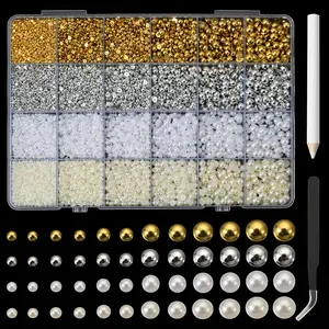 1Box Pearls For Crafting Nail Charms Flat Back Nail Pearl Half Round Beads For EmbellishmentShoes Small Accessories For DIY Jewelry Phone Making Gold Silver White Beige Kit