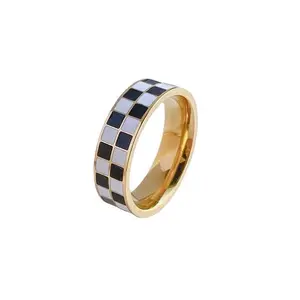 Checkerboard Bands Statement Finger Ring Gold Black White Ring Size 5-10