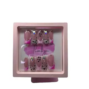 Press on Nails - Pink Nail Art with Leopard Print and Rhinestone Accents for Stylish Manicures