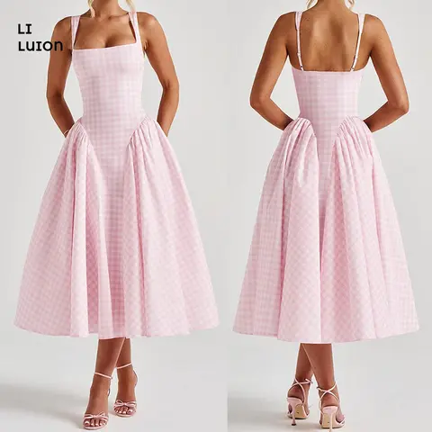 Women Sleeveless Corset Dress Summer Plaid Print Backless A-Line Party Dress for Vacation Cocktail Beach Streetwear