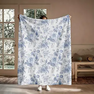 French Vintage Rose Flannel Blanket, 1 Count Hand Drawn Blue White Floral Soft Comfy Throw, Cottagecore Aesthetic Decor, Cozy Nap Blanket for Home Office Travel, Suitable for Sofa Bed Couch, Gift for Her Grandmother Friends, Elegant Wall Hanging