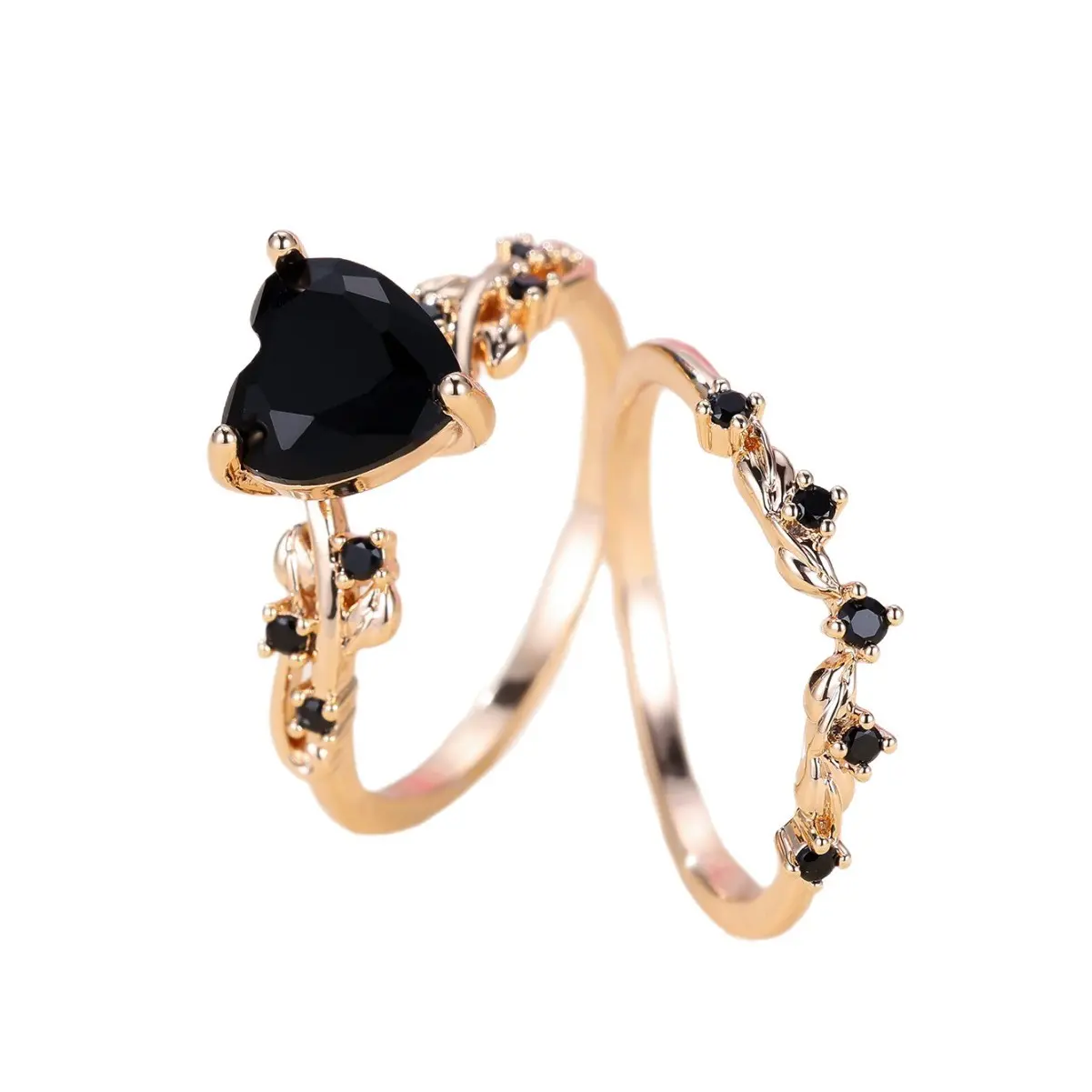 2pcs Heart Gemstone Ring Set, Gold Plated Stackable Promise Rings, Black/Red/Green Crystal Engagement Rings for Women, Elegant Bridal & Daily Jewelry