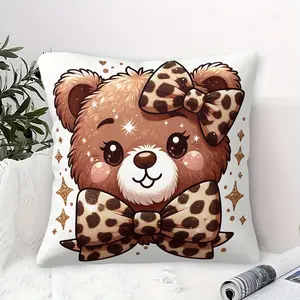 Adorable Cartoon Brown Bear Throw Pillow with Pillow Core,Fluffy Texture and Large Glossy Eyes, Featuring Cheerful Smile and Blush Cheeks, Stylish Leopard-Print Bow Accents, Whimsical Gold Star and Heart, Perfect Digital Print Cushion for Cozy Home.