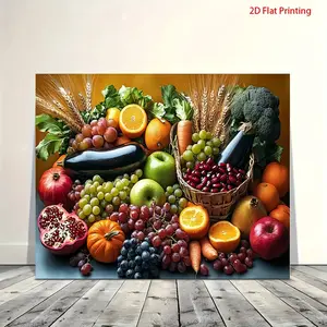 Wooden Frame Canvas Wall Art Decoration, Harvest Theme Fruit & Vegetable Collection, Vibrant Colors, Nordic Style Decor for Dining Room Kitchen