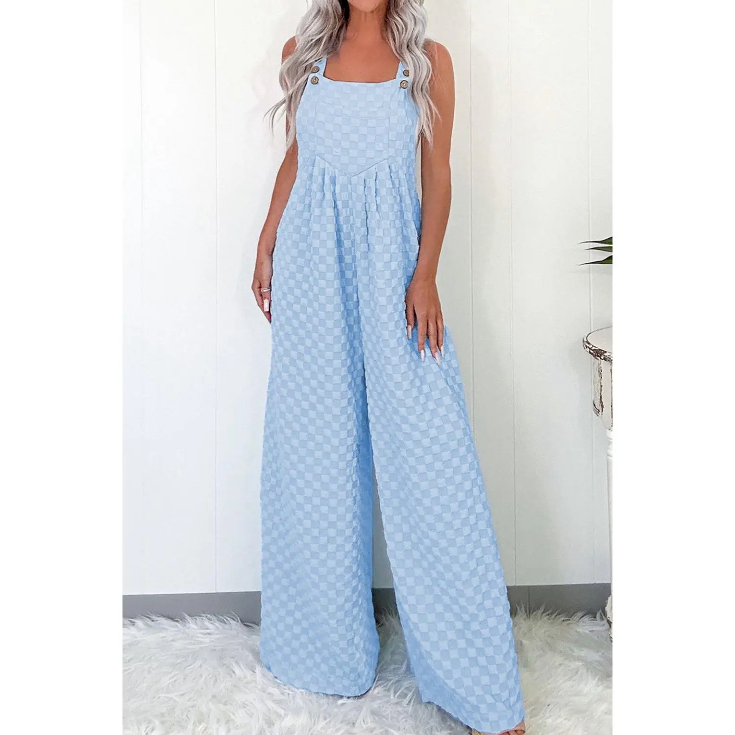 Checkered Pocketed Wide Leg Overalls