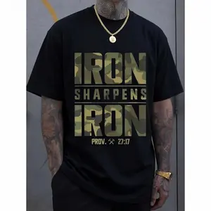 CMBT Men'S Oversized 100% Cotton Graphic T-Shirt - "IRON SHARPENS IRON" & Proverbs 27:17 Bible Verse Design, Geometric Print Casual Streetwear Tee, Breathable Summer Top, Machine Washable, Summer Fashion |   Camouflage Pattern |   Durable Fabric