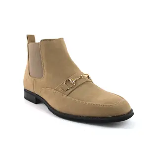 Mens' Tan Suede Chelsea Dress Boots With Gold Buckle Pull On Round Toe Formal AZARMAN