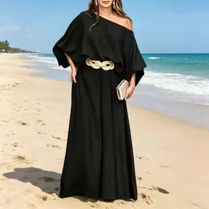 2026 Summer Women's 2-Piece Set, Batwing OffShoulder Long Sleeve Top & Solid Color Wide LegPants, Minimalist Loose Casual Vacation Outfit