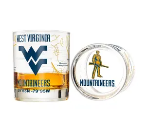 West Virginia University Mountaineers College Whiskey Glasses Set of 2 10 oz Full Color Logo Campus Map Dishwasher Safe 100% Lead Free Drinkware Officially Licensed