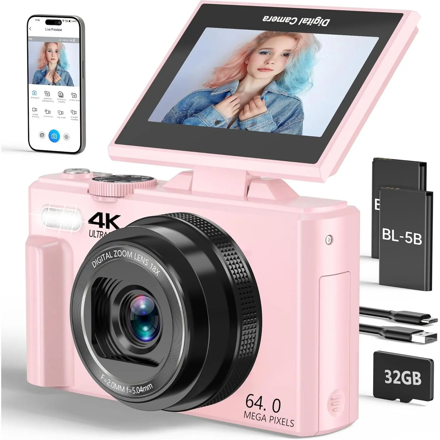 4K Digital Camera for Photography, 64MP Vlogging Camera for YouTube with 3" 180? Flip Screen, 18X Digital Zoom Point and Shoot Camara with 32GB  SD Card for Beginner (Light )