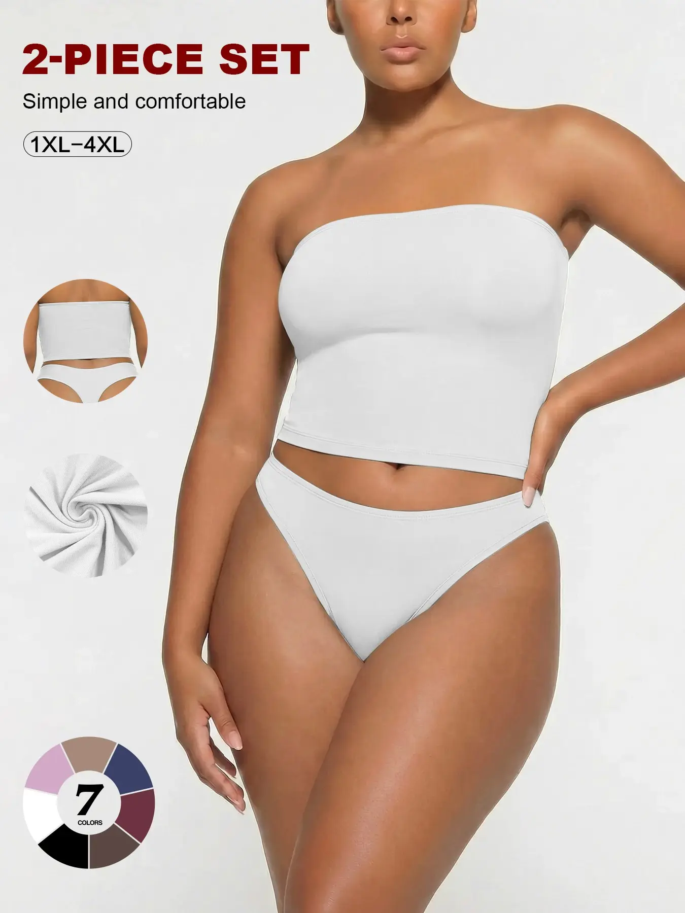 Plus Size 2 Piece Strapless Tube Top Set 1xl-4xl, Soft Stretch Comfy Everyday Lounge Wear, High Waist Sleeveless Minimalist Wrap Design, Ideal for Casual Home