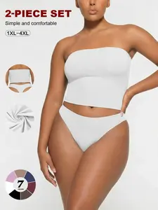 Plus Size 2 Piece Tube Top Set 1xl-4xl, Soft Stretch Comfy Everyday Lounge Wear, High Waist Sleeveless Wrap Design, Ideal for Casual Home