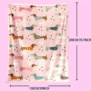 1Pc Cute Dachshund Pattern Blanket, Soft And Warm, Suitable For All Seasons - For Sofa, Bed, Camping, Travel, And Office Decor - Cozy Autumn Home Gift For Thanksgiving, Halloween, Christmas, Flannel Fabric, Seasonal Artistic Design