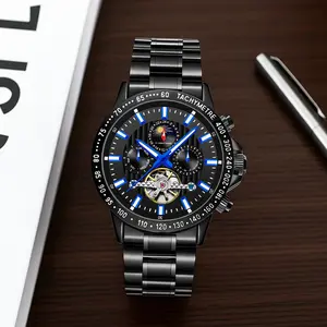 Premium Men's Mechanical Watch with Exposed Tourbillon | Sleek Black Design, Luminous Blue Accents & Tachymeter for Timeless Style & Precision genuine men lifestyle  watch business waterproof fashion watch