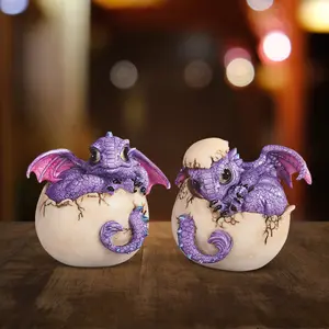 2-PC 3.5"H Set Purple Dragon Baby in Egg Statue Fantasy Decoration Figurine