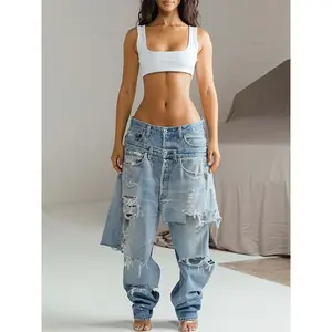 Y2K Double-waistband Jeans Featuring A Distressed Low-rise Design, Asymmetrical Paneling, and Raw Hems; An Edgy, Street-style Pair Perfect for Concerts and Urban Exploration.