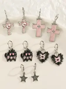 5 pairs of women's fashionable earrings set, cross shaped heart-shaped star earrings combination set, personalized hip-hop suitable for daily wear