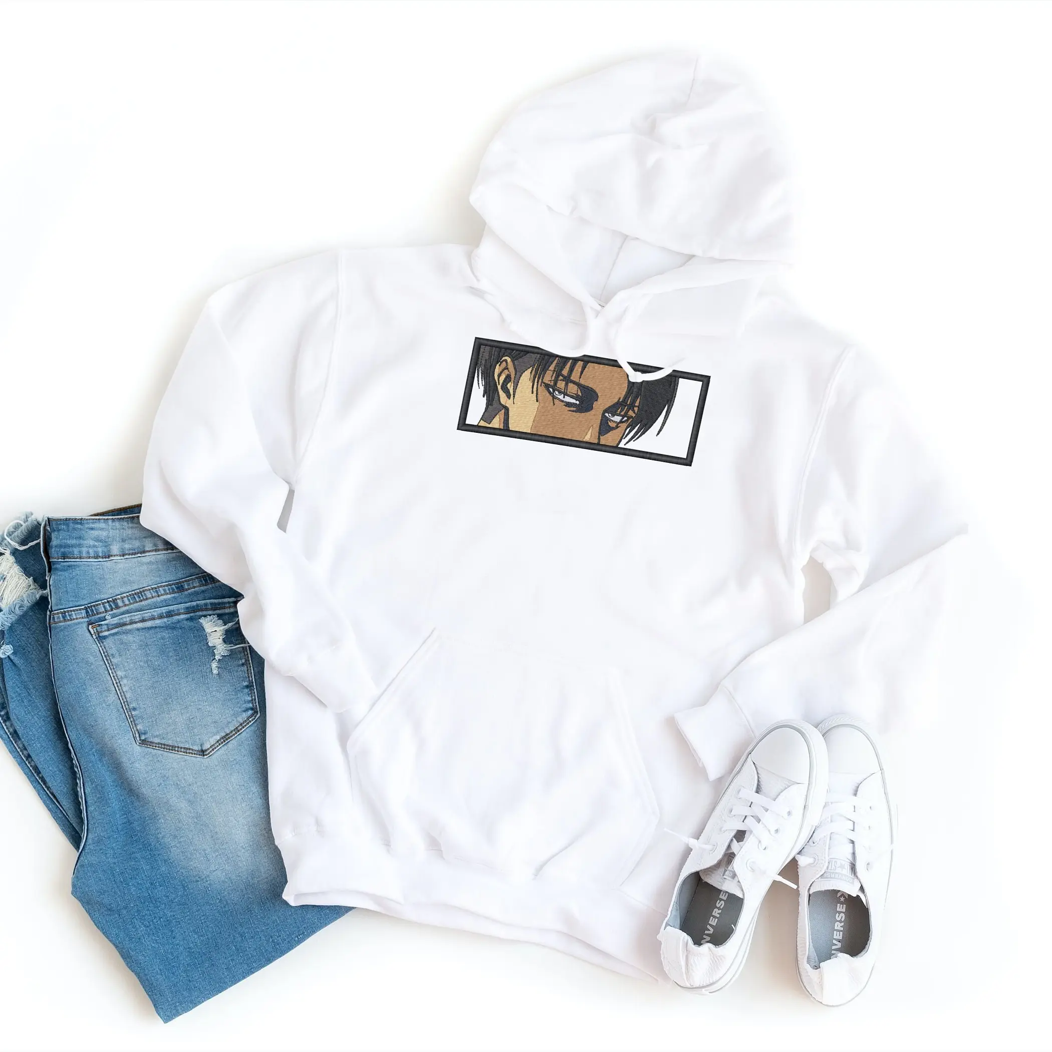 Embroidered AOT Levi Eyes Hooded Sweatshirt Cotton Menswear