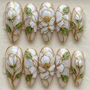 3D Imperial White Camellia Stained Glass Press On Nails | Luxury Bridal Floral Nail Art