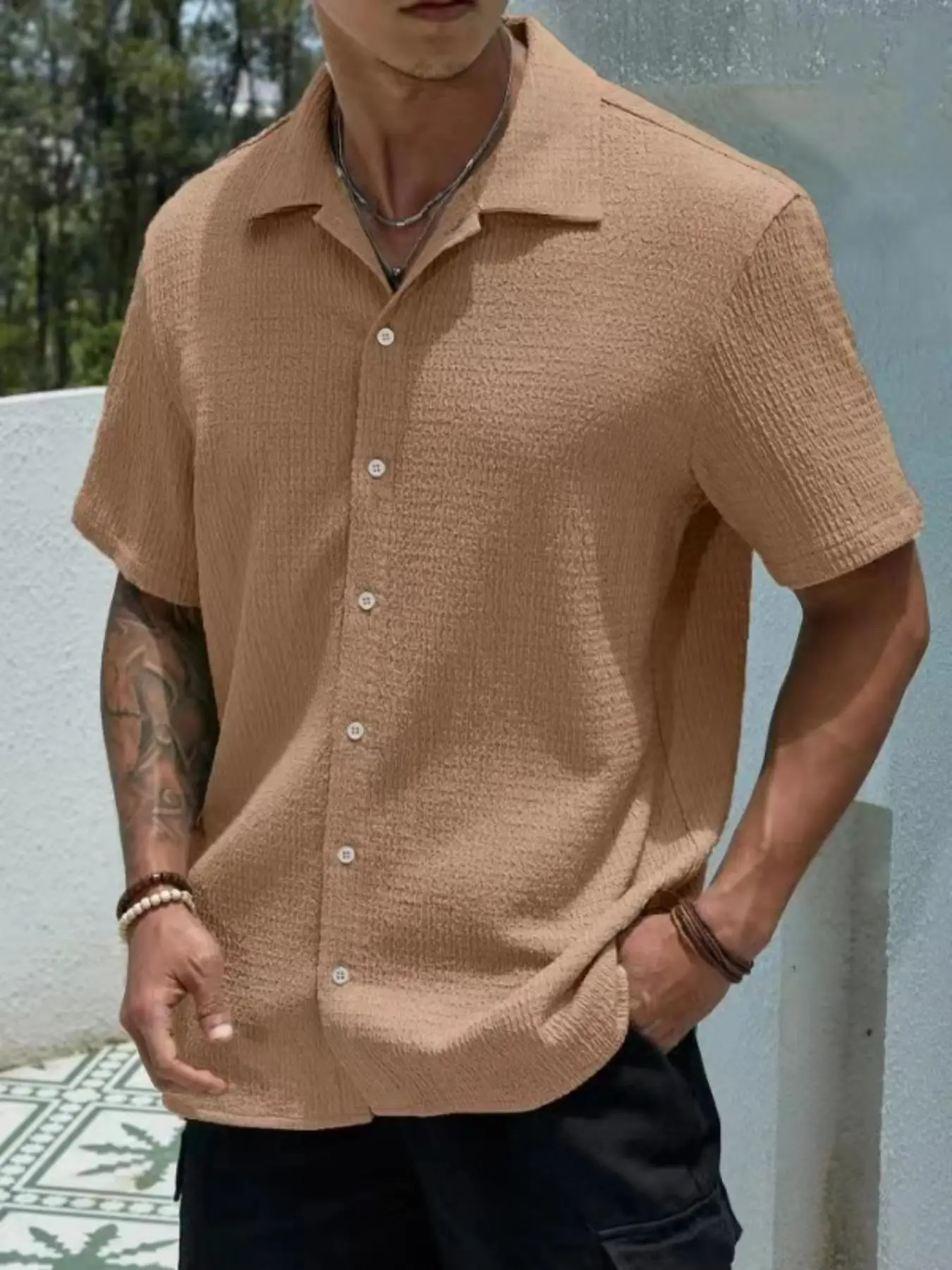 Men's Solid Color Button Front Shirt, Loose Casual Short Sleeve Collar Shirt for Summer, Fashion Men's Clothes for Daily Wear